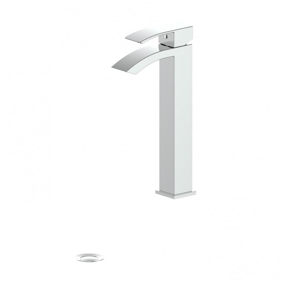 Chrome tall single-handle bath faucet with curved spout, isolated