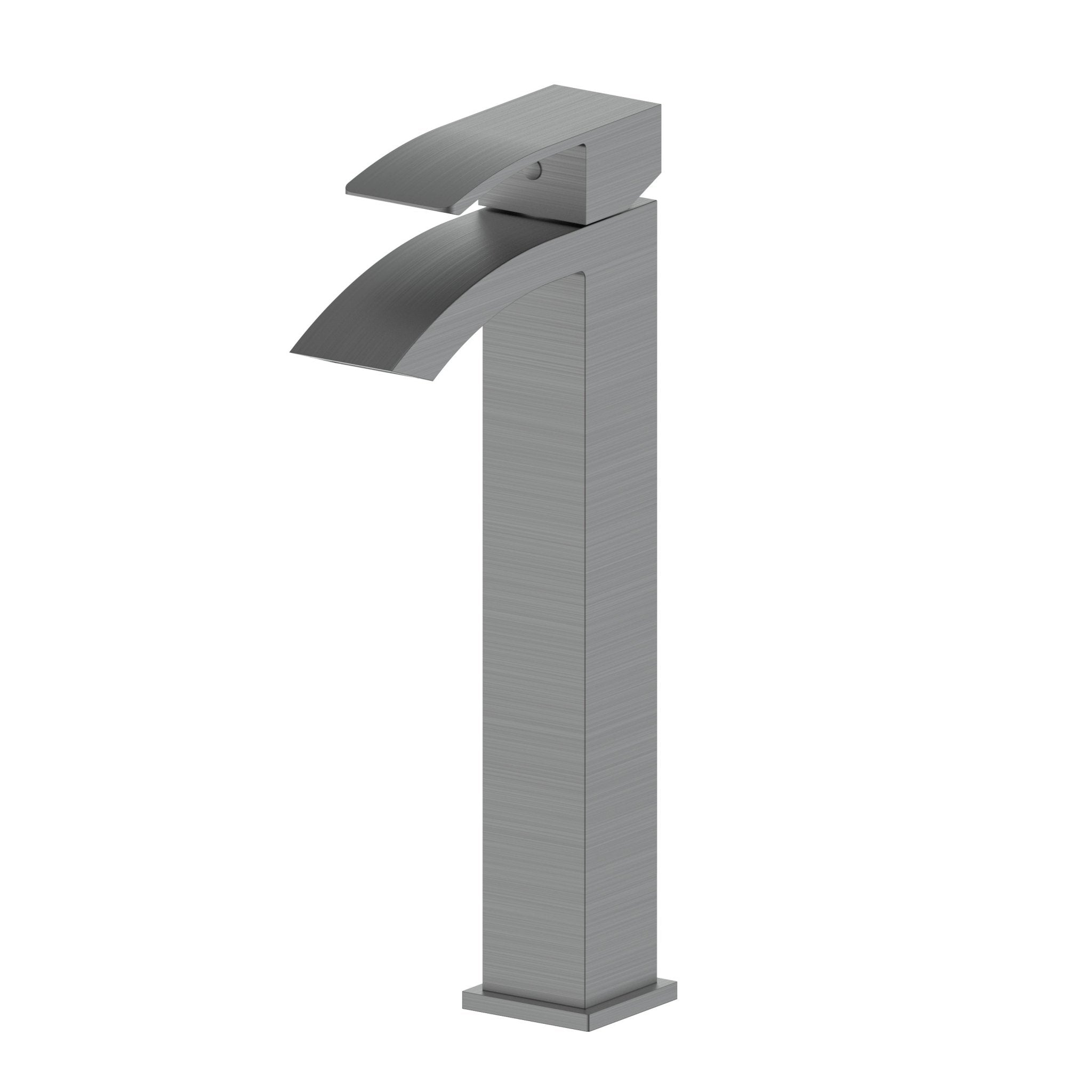 Gun metal tall single-handle bath faucet with curved spout and deck-mounted base.