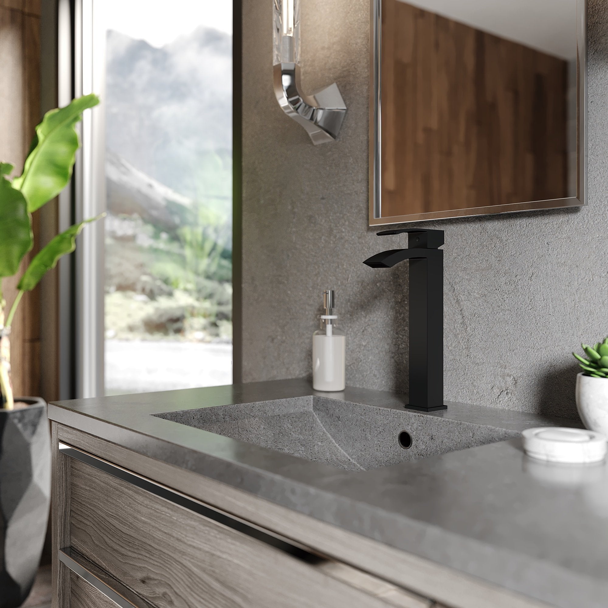 Matte black tall bathroom sink faucet with curved spout and single handle