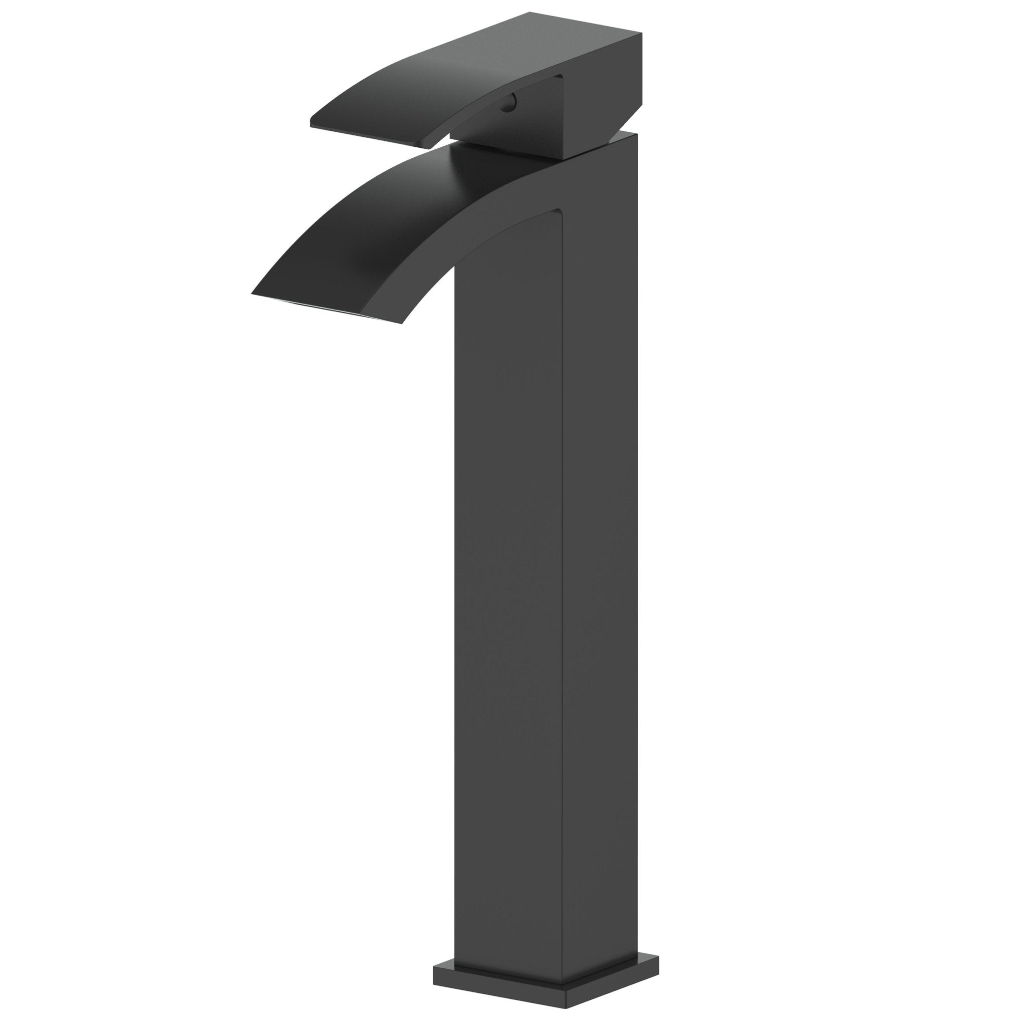 Matte black tall deck-mount bath faucet with curved gooseneck spout