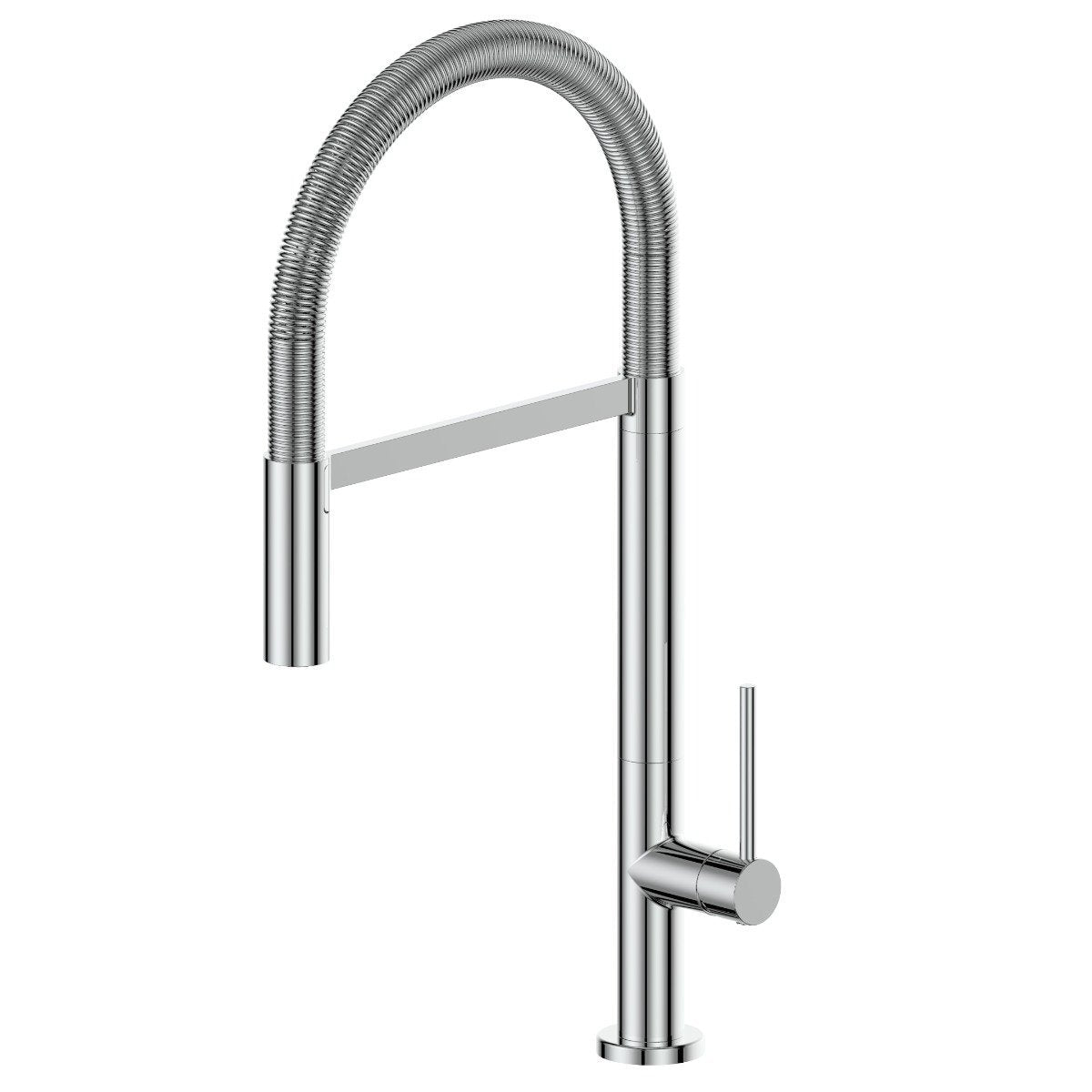 Chrome kitchen faucet with arched spout, pull-down sprayer, and single lever