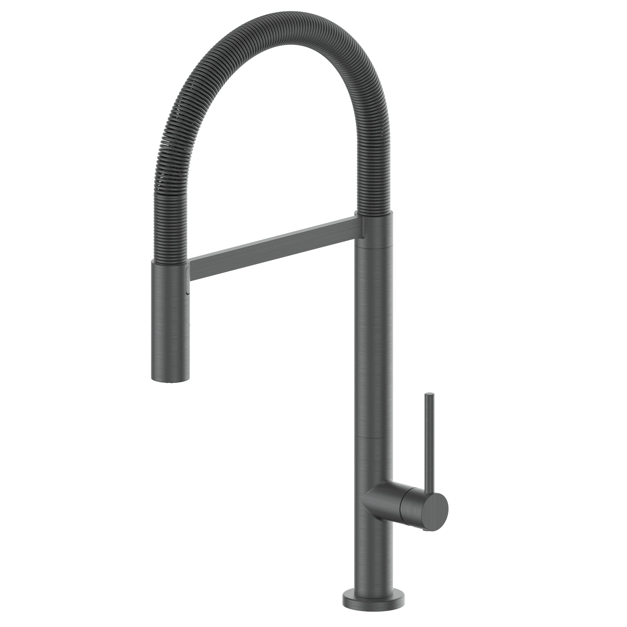Gun metal kitchen faucet with high arched neck and single control lever