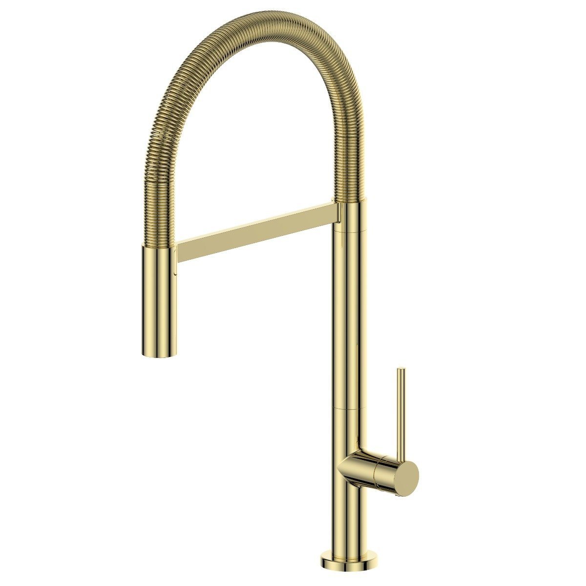 Polished gold incline kitchen faucet with arched gooseneck and single lever handle