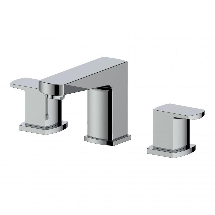 Chrome widespread bath faucet with arched spout and matching deck handles
