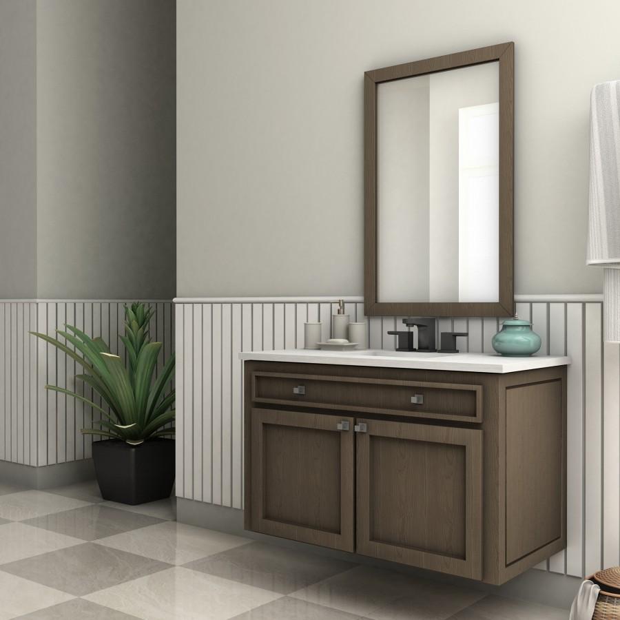Matte black bath faucet with spout and deck-mounted handles on vanity sink