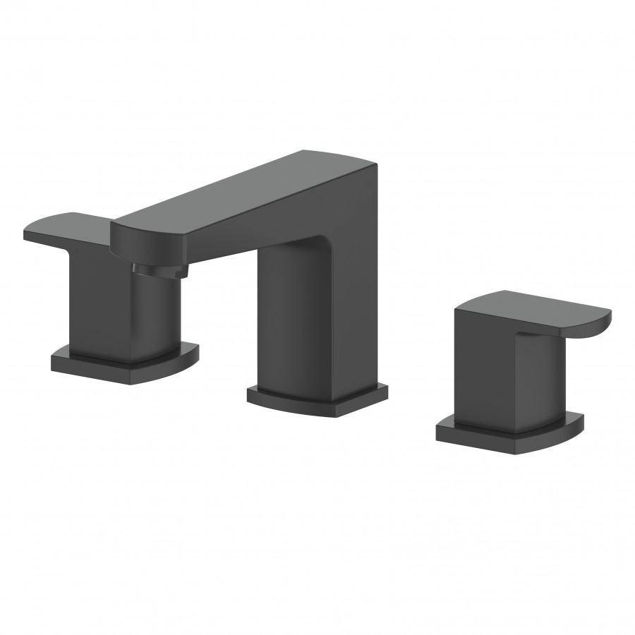 Matte black widespread bath faucet set with deck handles and arched spout