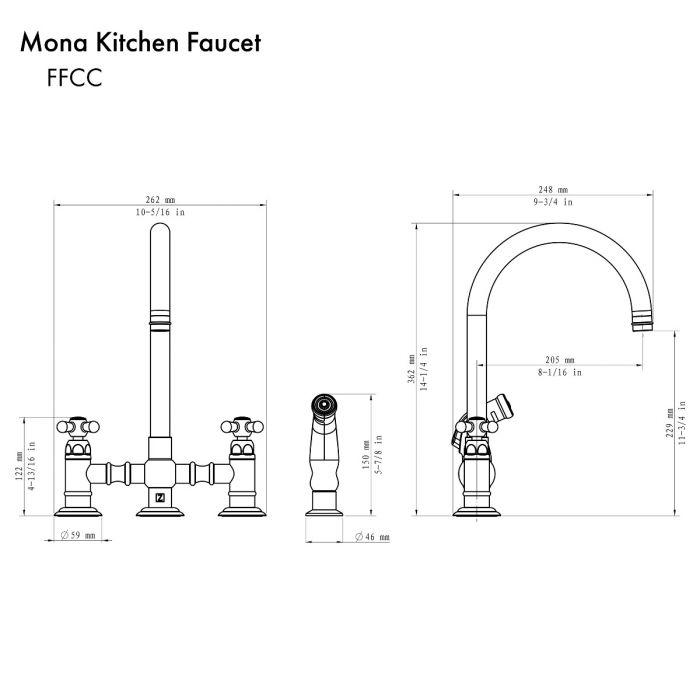 Kitchen faucet dimension diagram with tall curved spout and cross-handle deck mounts