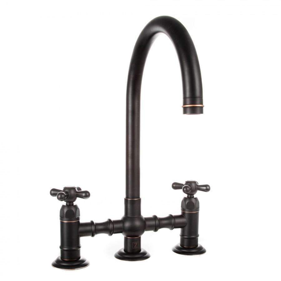 ZLINE Mona kitchen faucet in oil-rubbed bronze with gooseneck spout and two handles.