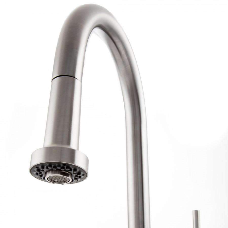 Brushed nickel kitchen faucet gooseneck spout with round aerator spray head