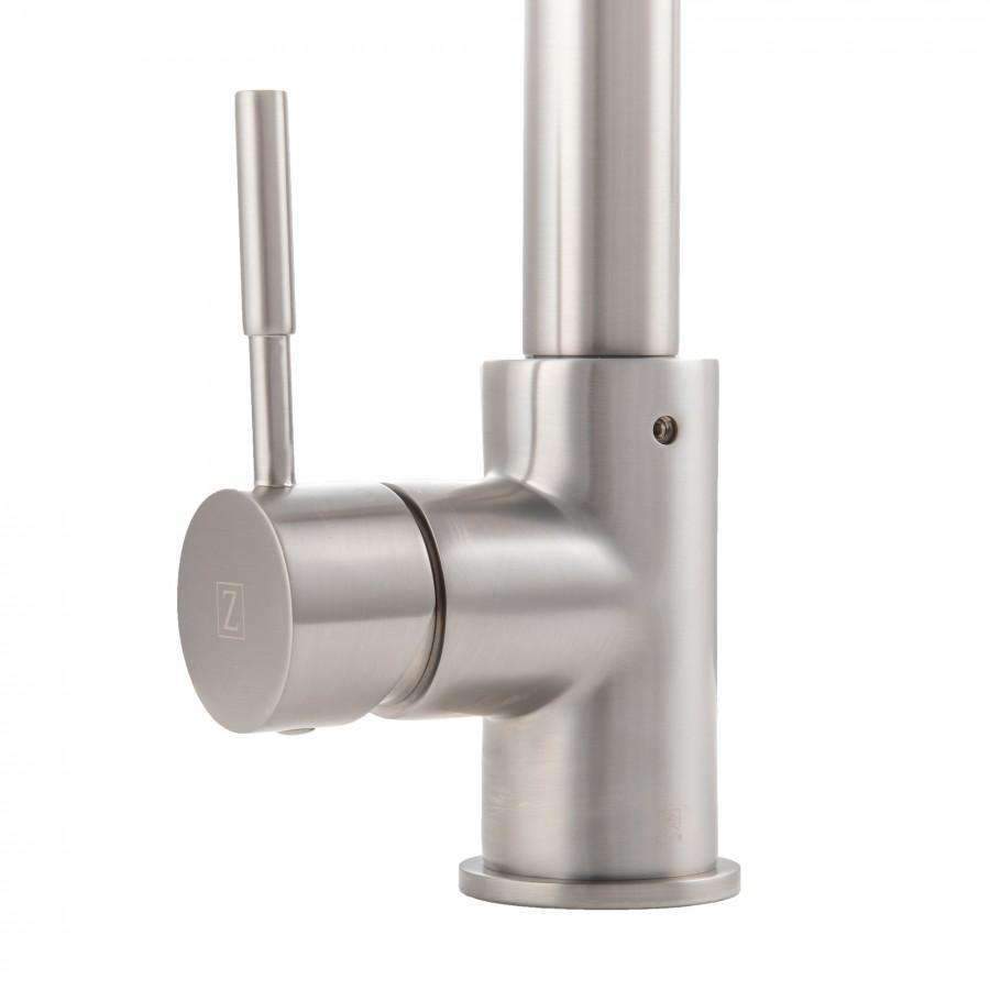 Brushed nickel kitchen faucet base with side control and tall cylindrical spout
