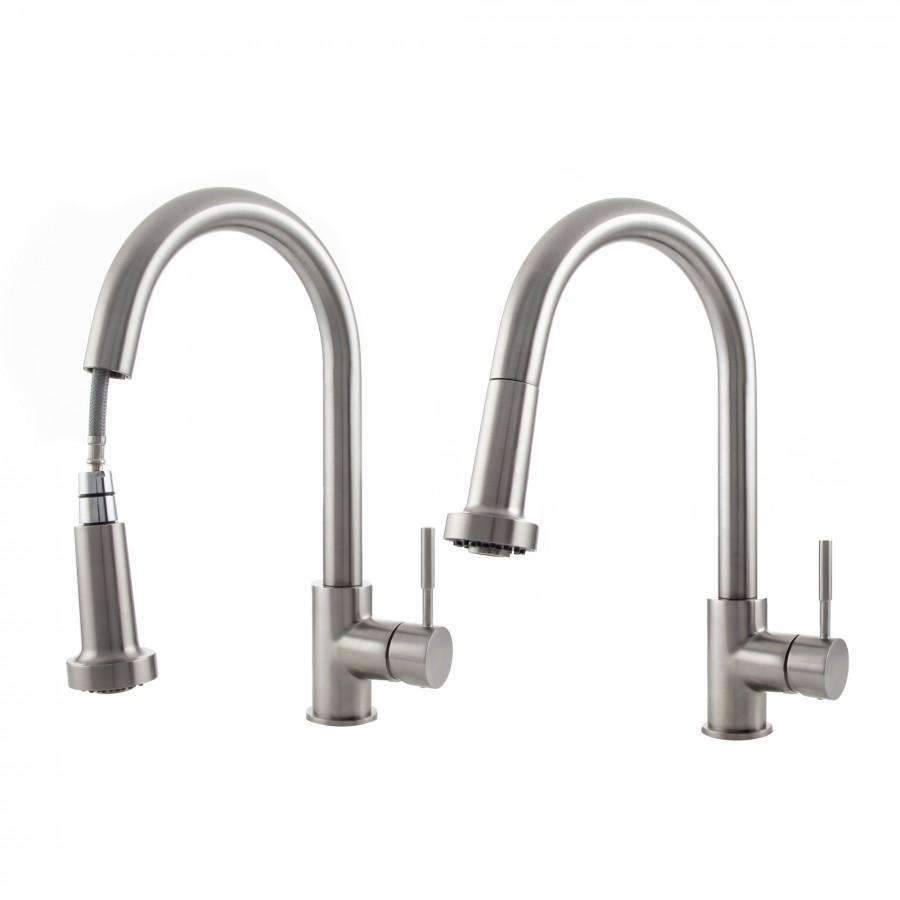 Two brushed nickel kitchen faucets with tall arched spouts and lever handles
