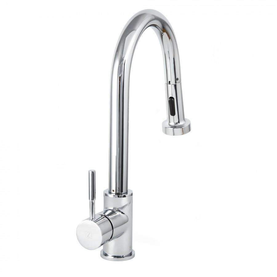 Chrome kitchen faucet with curved spout and cylindrical handle controls