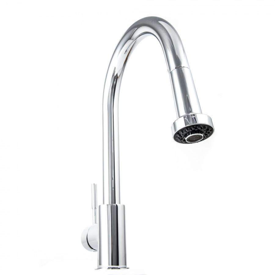 Chrome kitchen faucet with curved gooseneck spout and spray head
