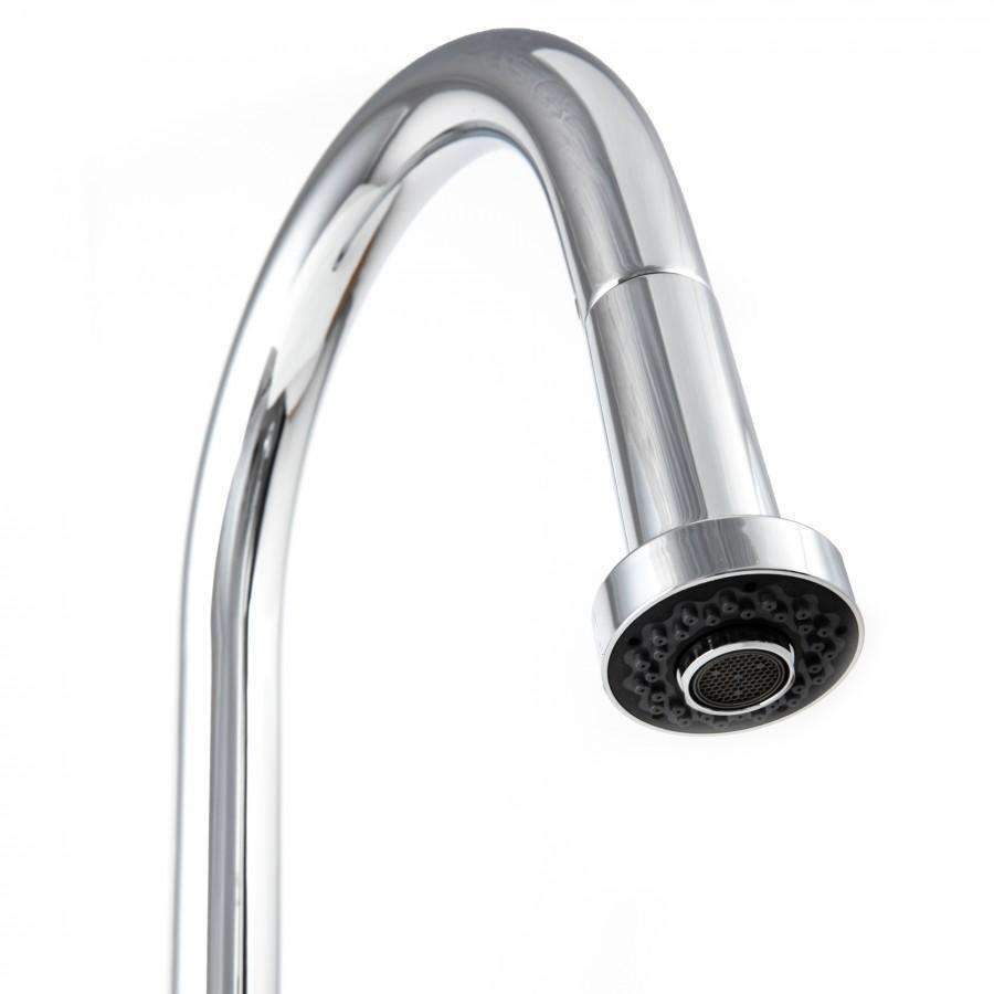 Chrome kitchen faucet spout tip with visible aerator and spray head