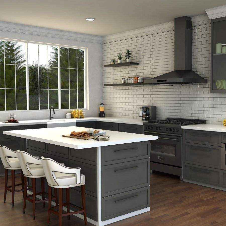 Matte black kitchen faucet on a countertop in a modern island kitchen