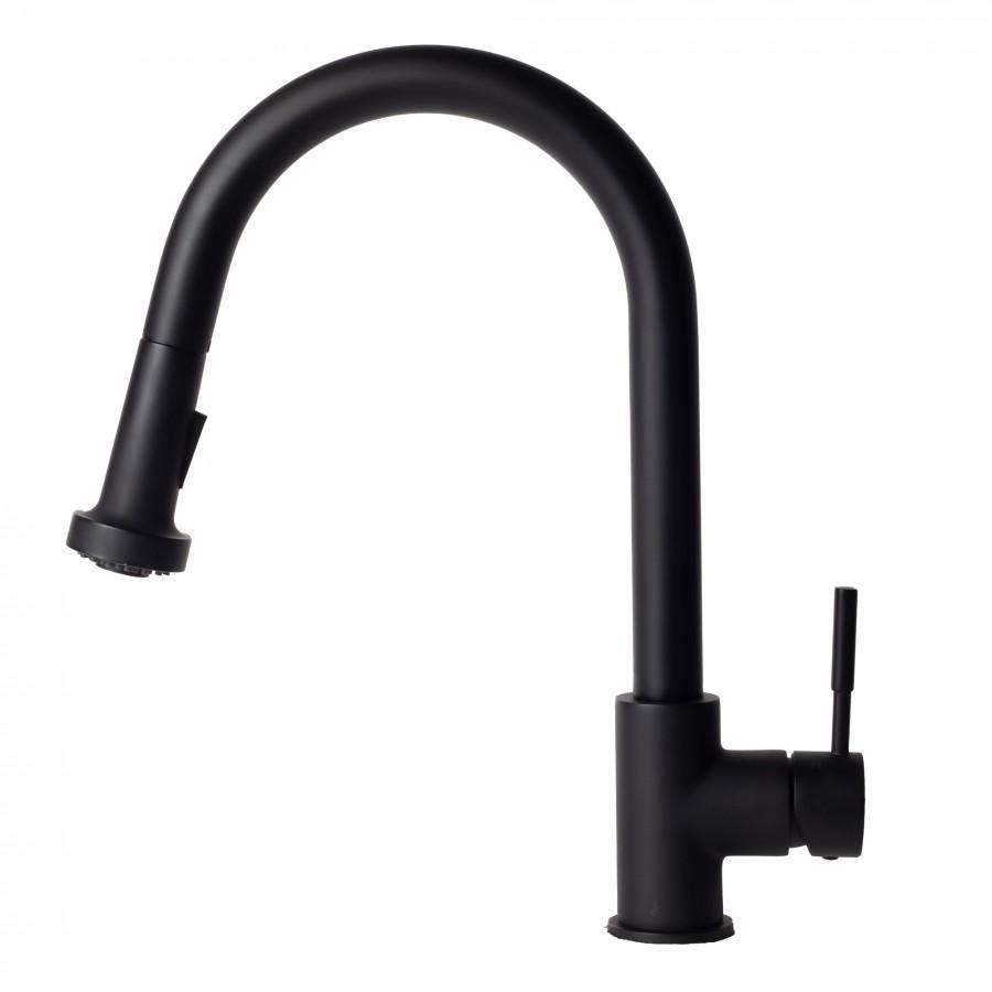 Matte black kitchen faucet with curved gooseneck and single handle