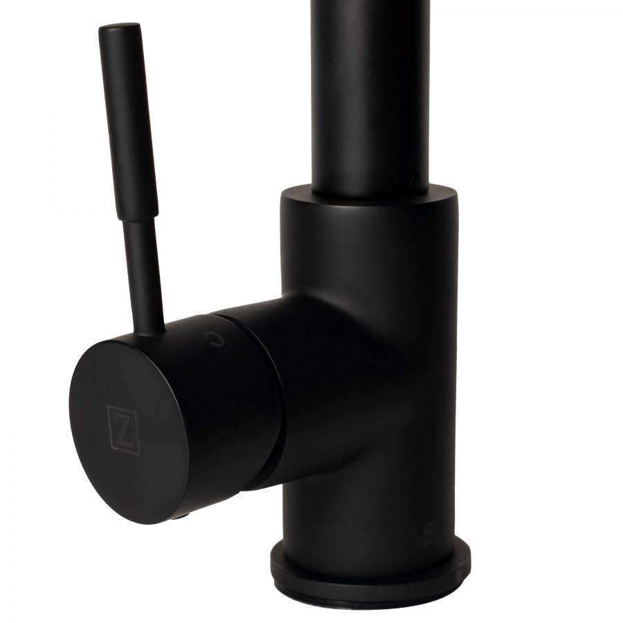 Matte black kitchen faucet with round base and side control lever