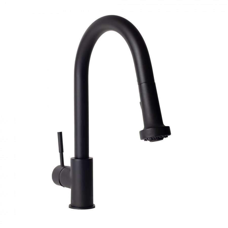 Matte black kitchen faucet with curved spout and side-mounted control