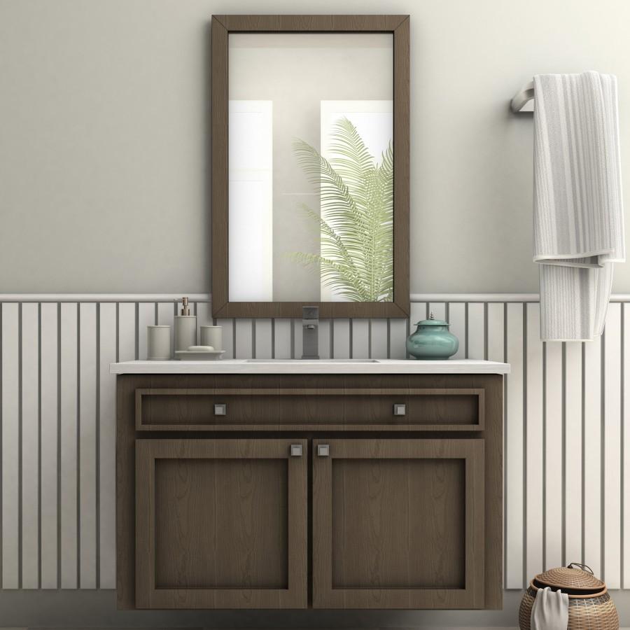 Gun metal bath faucet with lever handle mounted above vanity sink