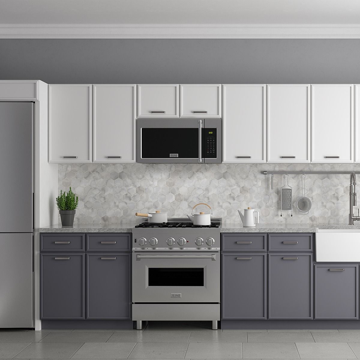 Over-the-range microwave and hood combo mounted above stove in a modern kitchen