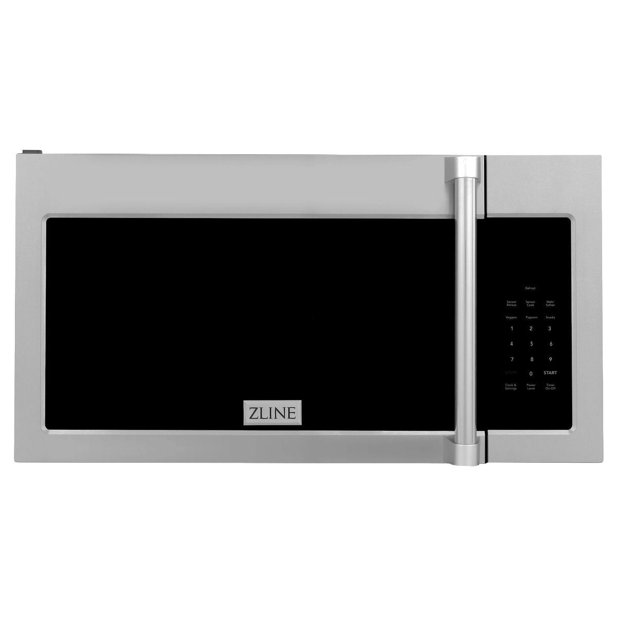 Stainless steel over-the-range microwave oven with black glass door and right controls