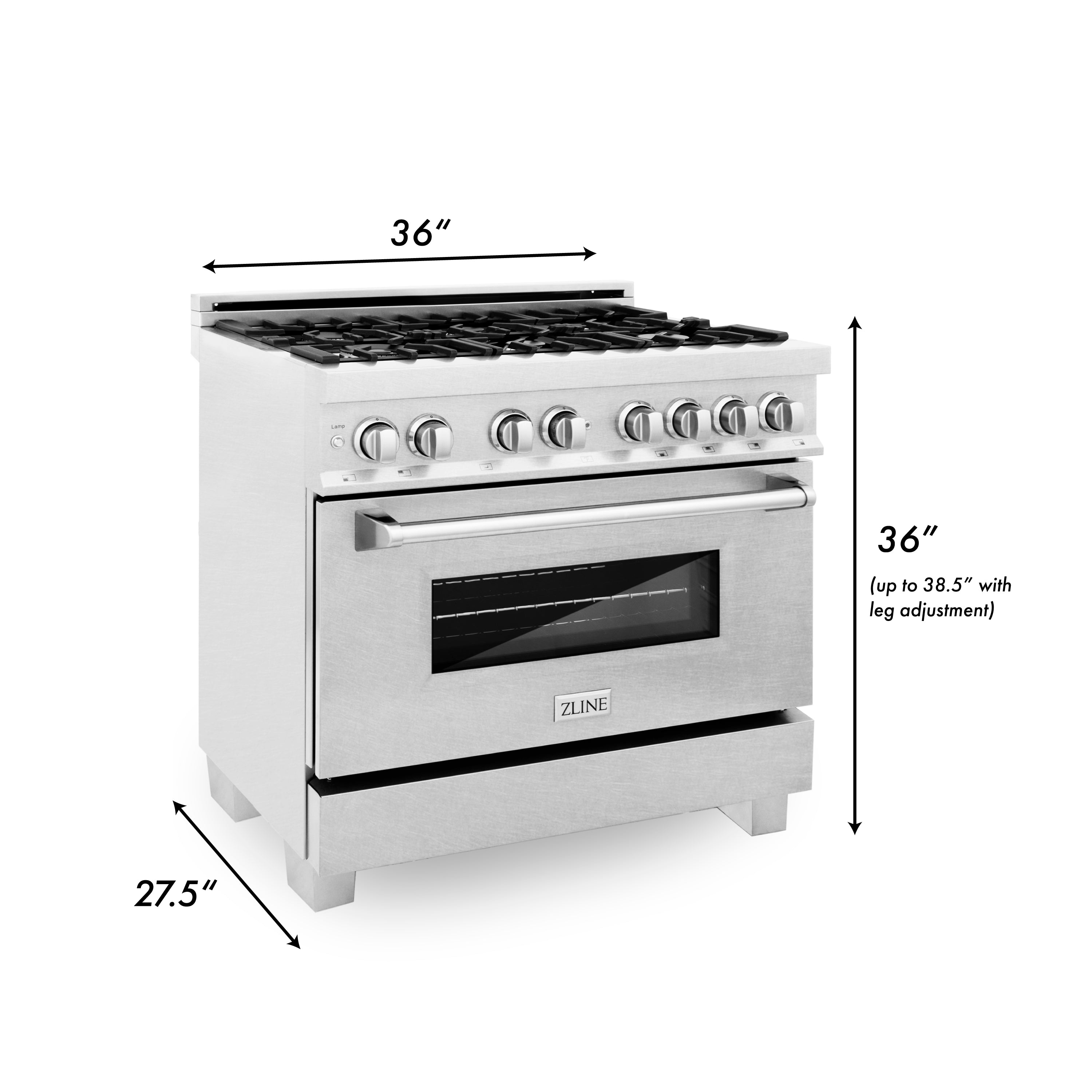 36-inch dual fuel range with gas cooktop and electric oven, satin stainless steel