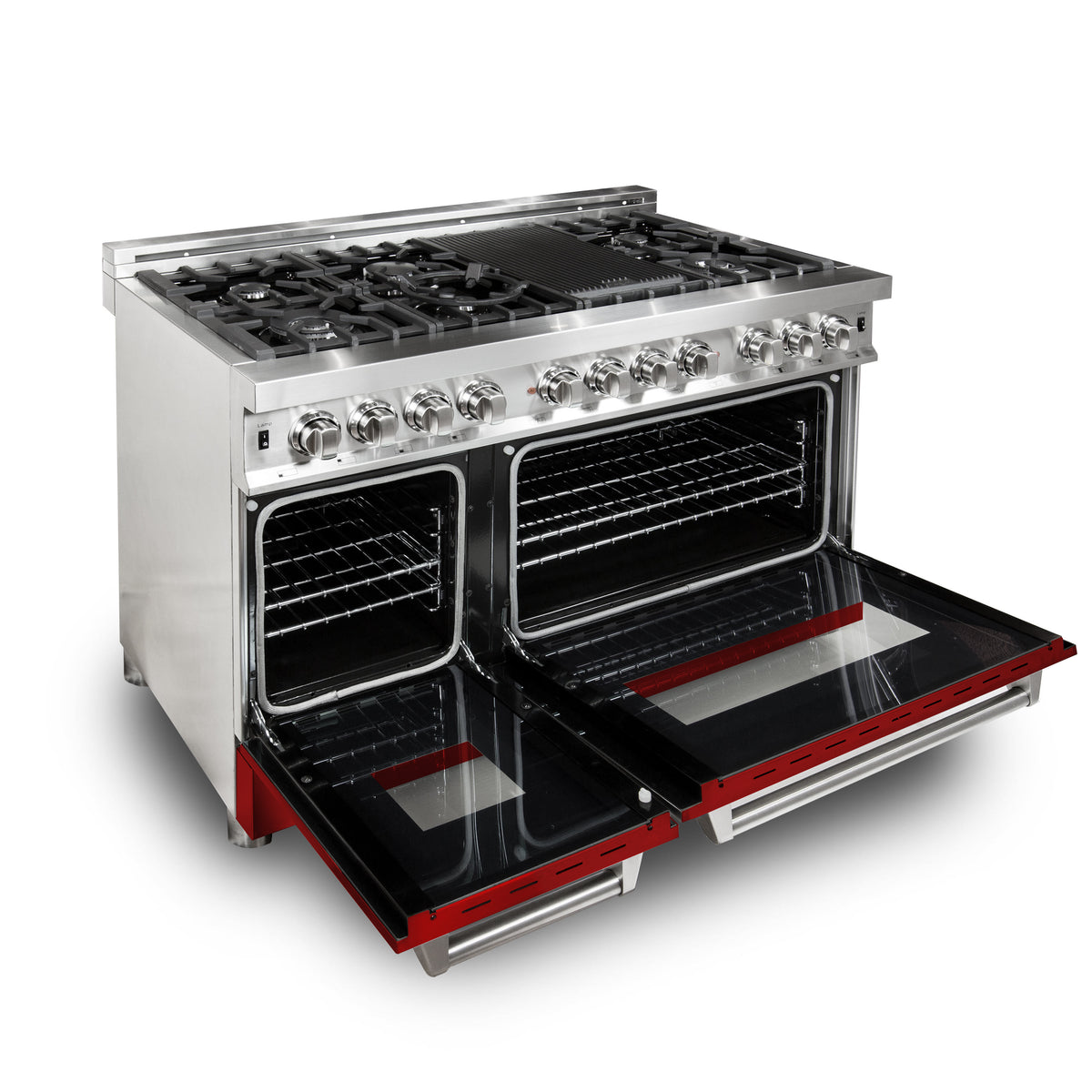 Dual fuel range with open oven doors showing racks and red oven trim