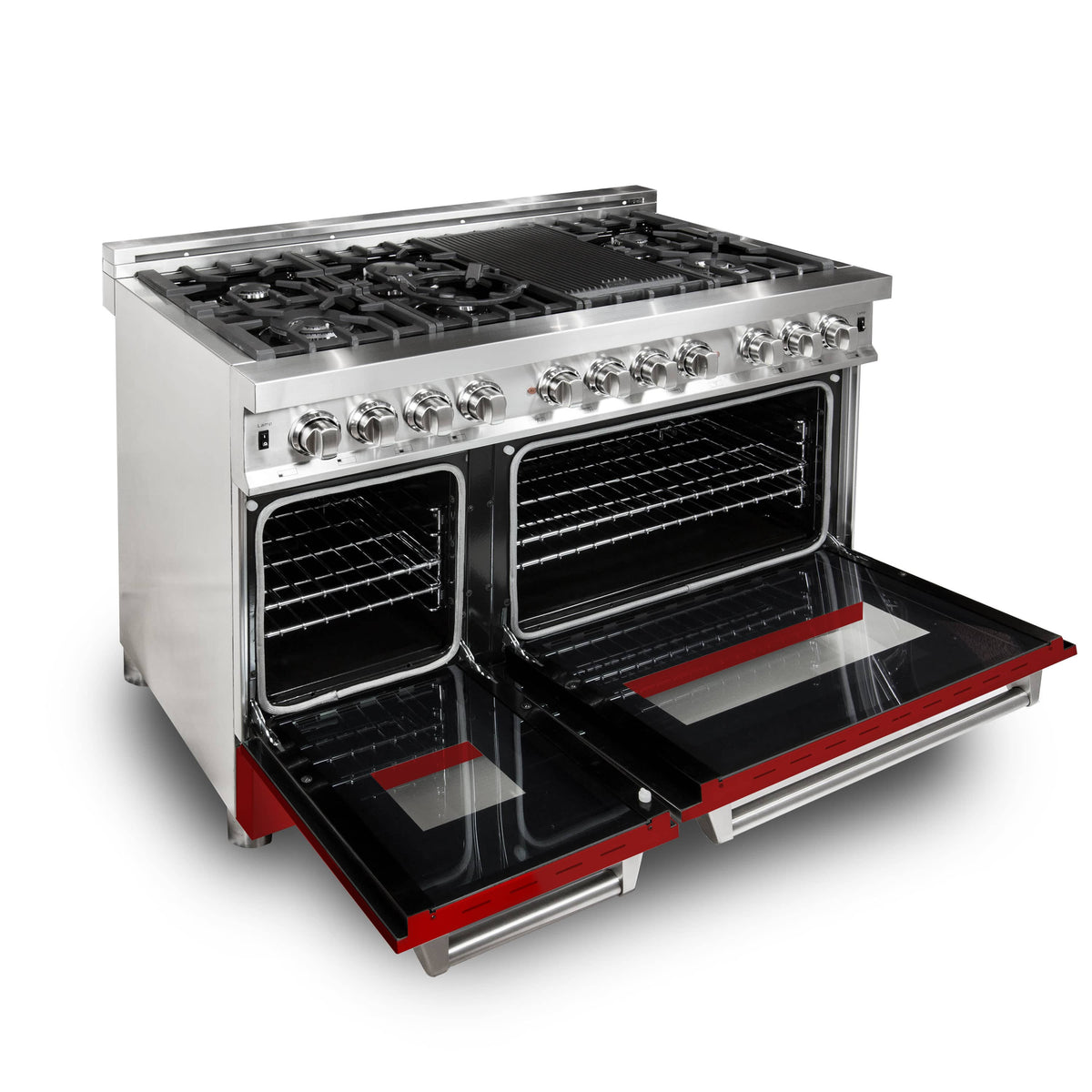 Dual fuel range with open oven door and stainless cooktop with burner grates