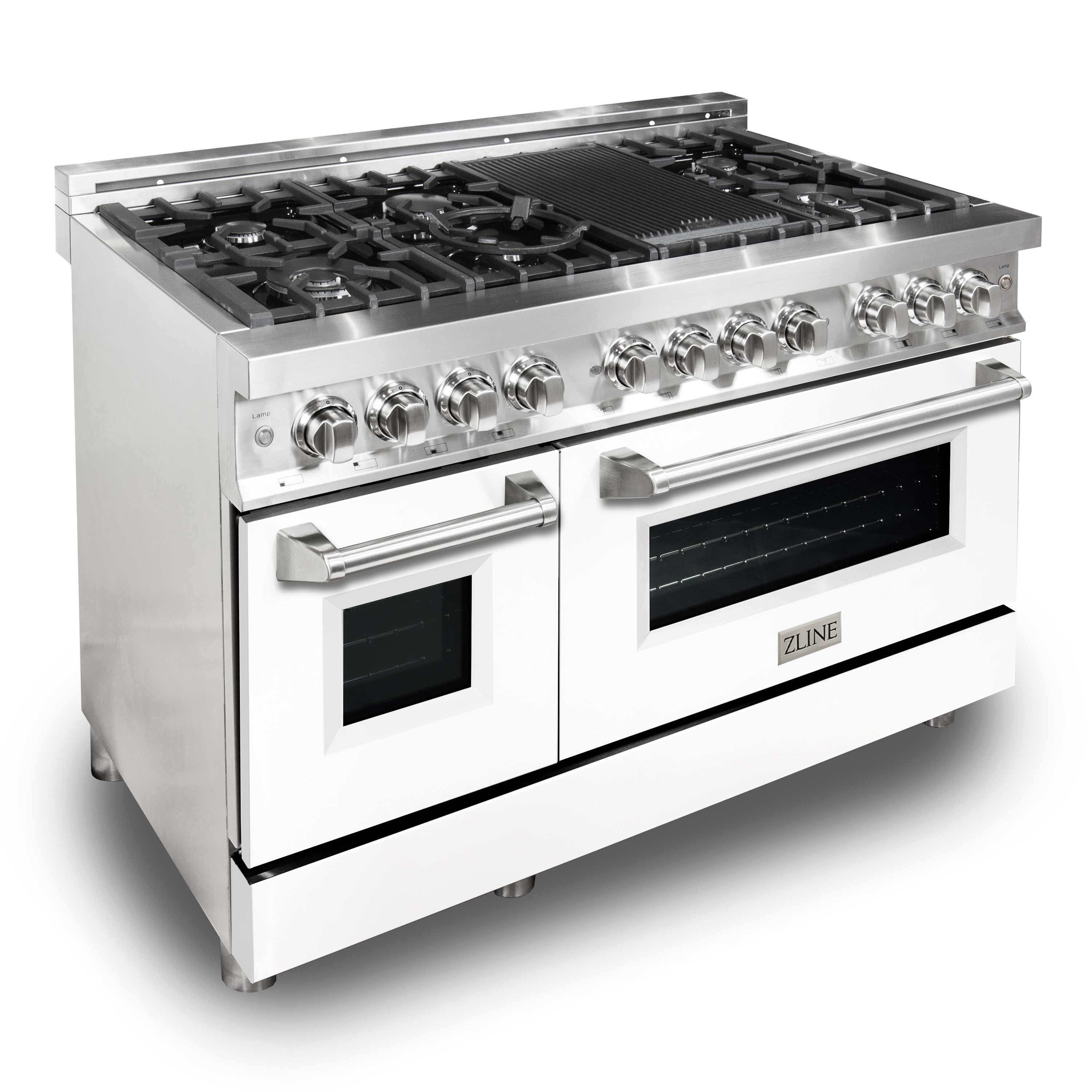 Stainless dual-fuel range with gas burners, griddle, and chrome control knobs