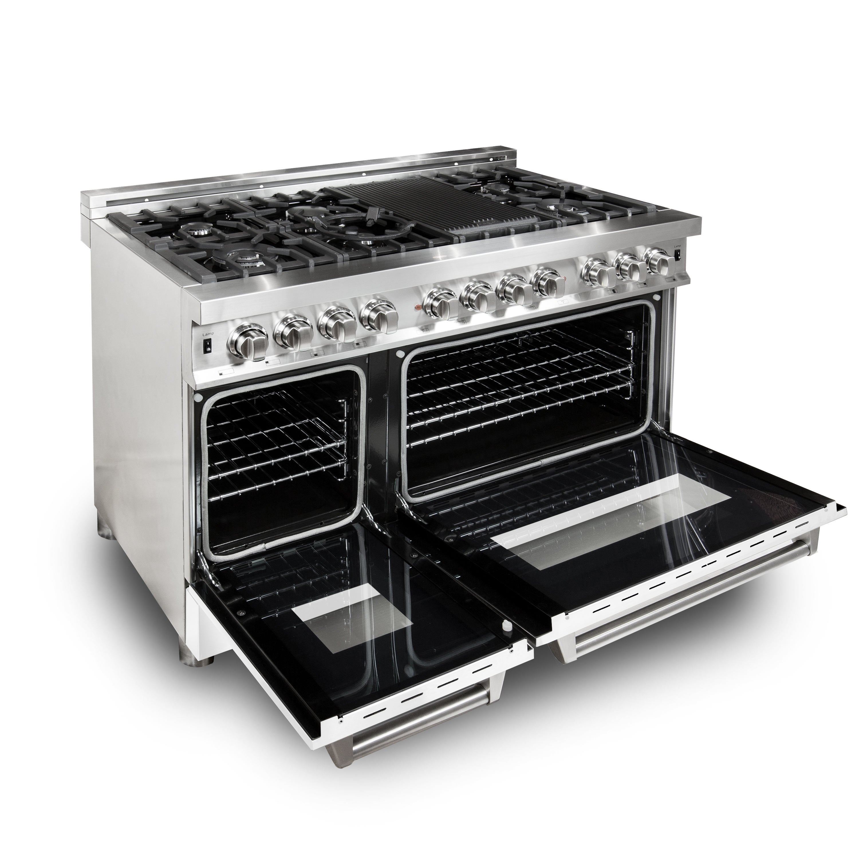 Stainless dual-fuel range with open electric oven, wire racks, and gas cooktop