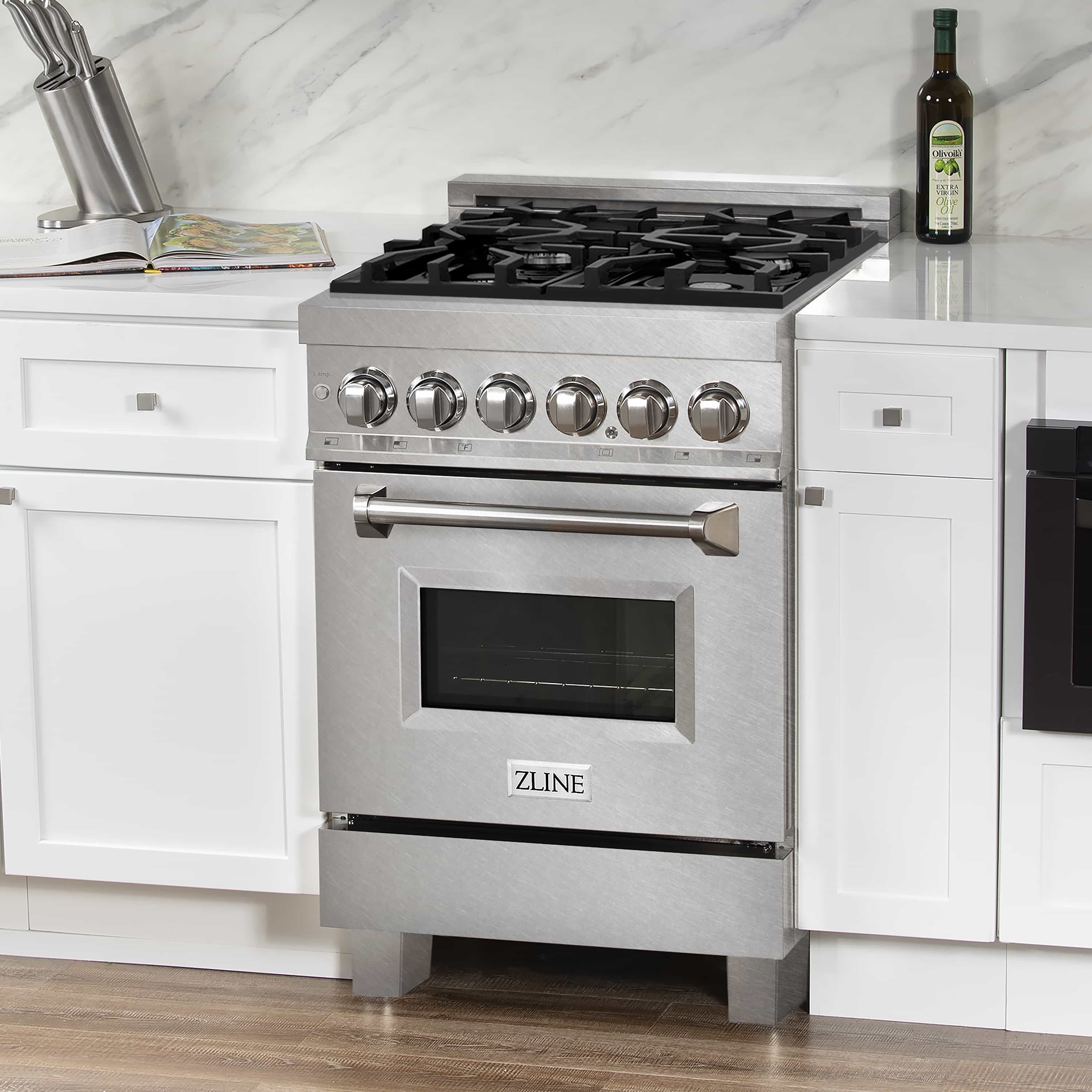 24-inch dual fuel range in satin stainless steel with 6 burners and oven door
