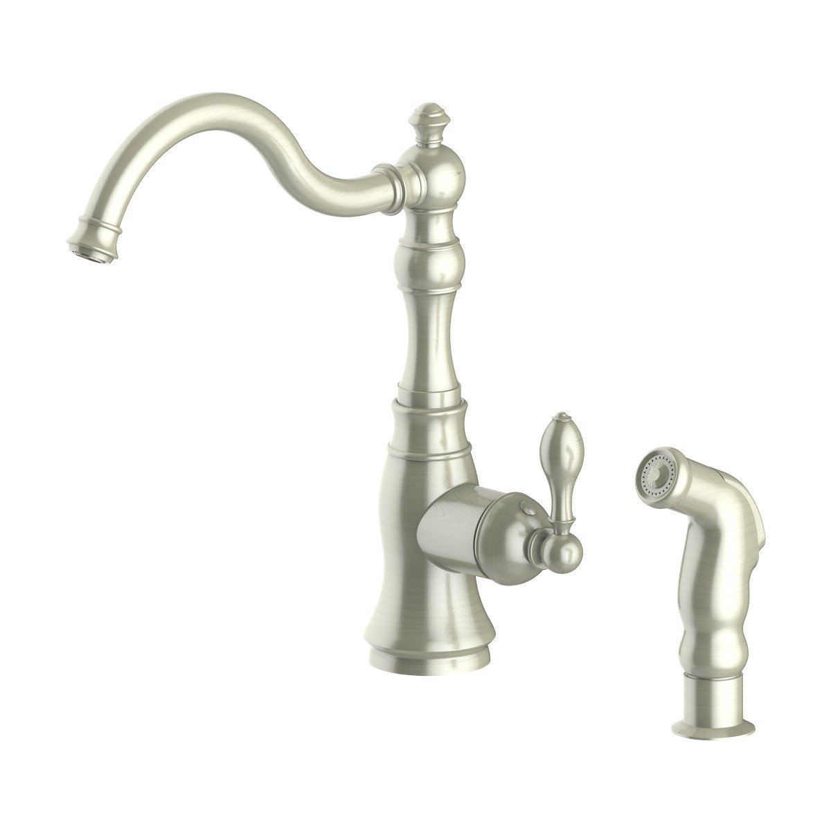 Brushed nickel kitchen faucet with single handle and matching side sprayer