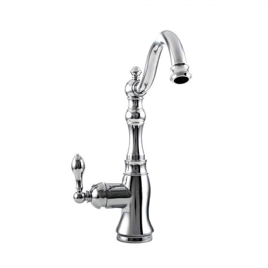 Chrome kitchen faucet with arched spout and cross-style handles