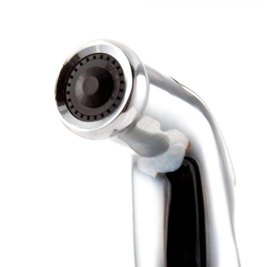 Chrome faucet aerator head with water outlet detail