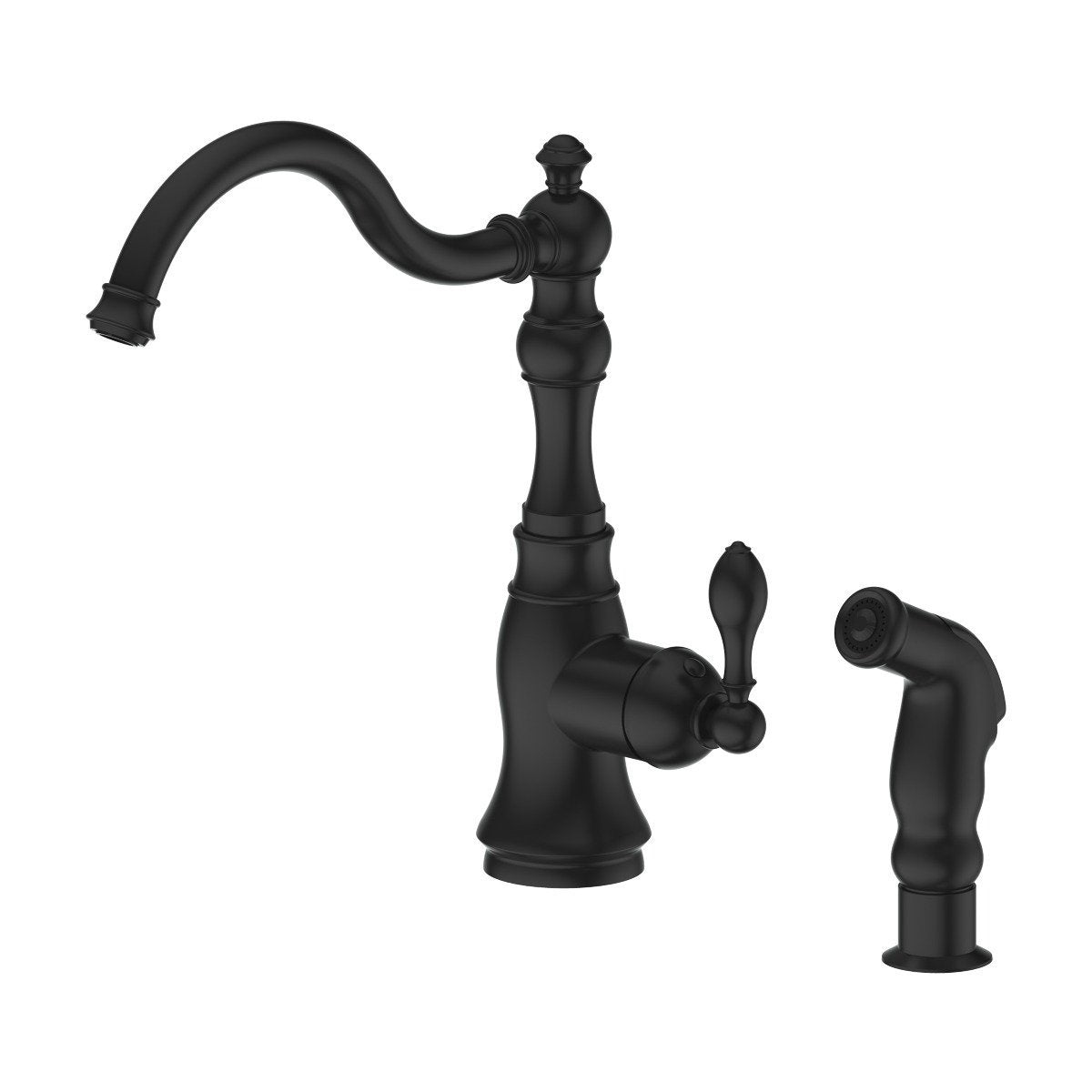 Matte black kitchen faucet with arched spout, hand lever, and side spray