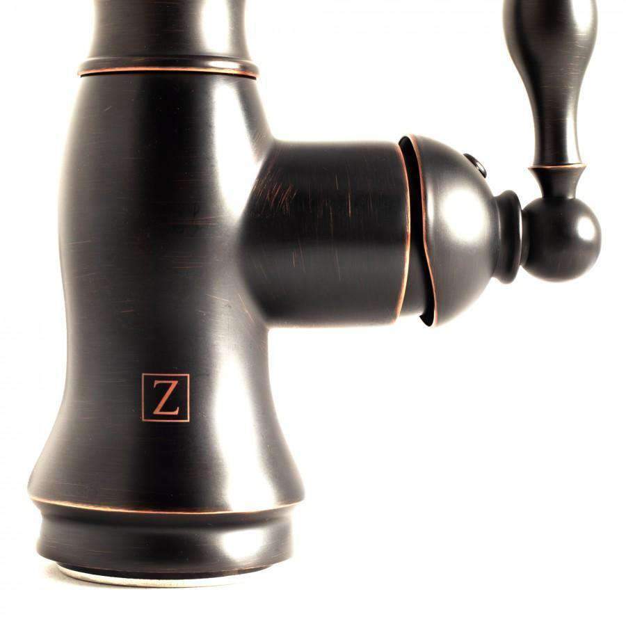 Oil-rubbed bronze faucet close-up with arched spout and rounded base