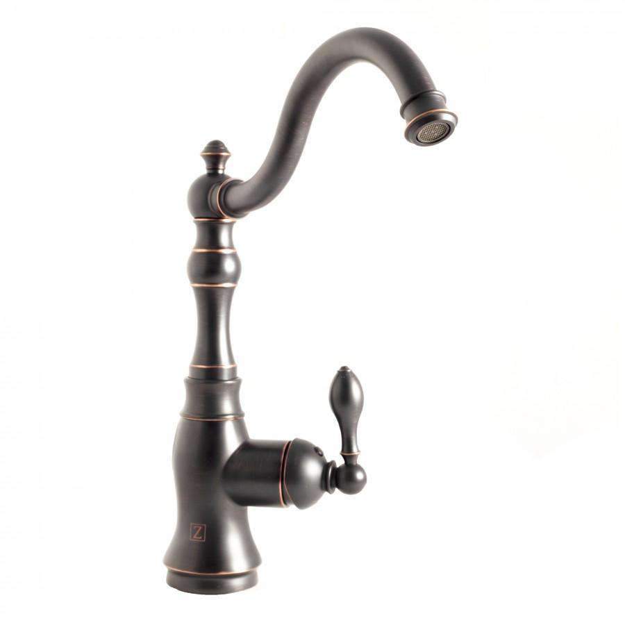 Oil-rubbed bronze kitchen faucet with arched spout, side valve, and knob