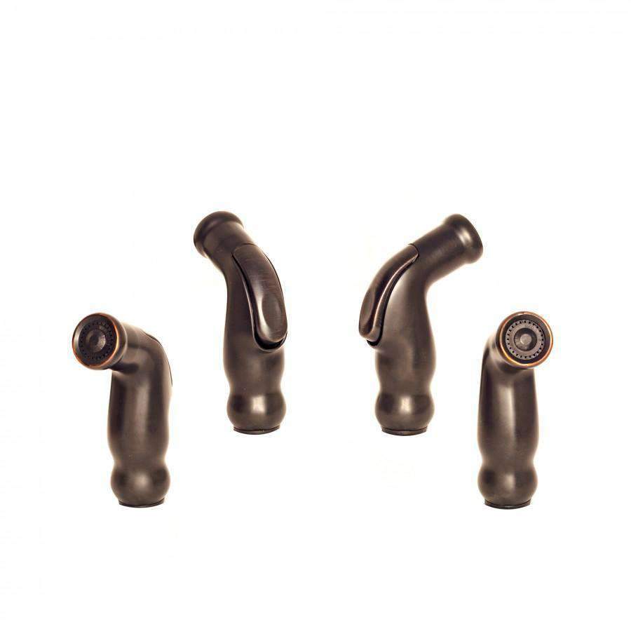 Oil-rubbed bronze faucet parts showing spout and handles from multiple angles