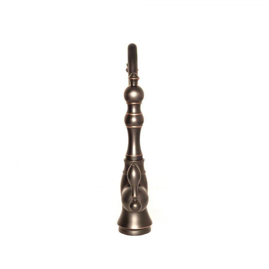 Oil-rubbed bronze kitchen faucet with tall arched spout and decorative lever handles