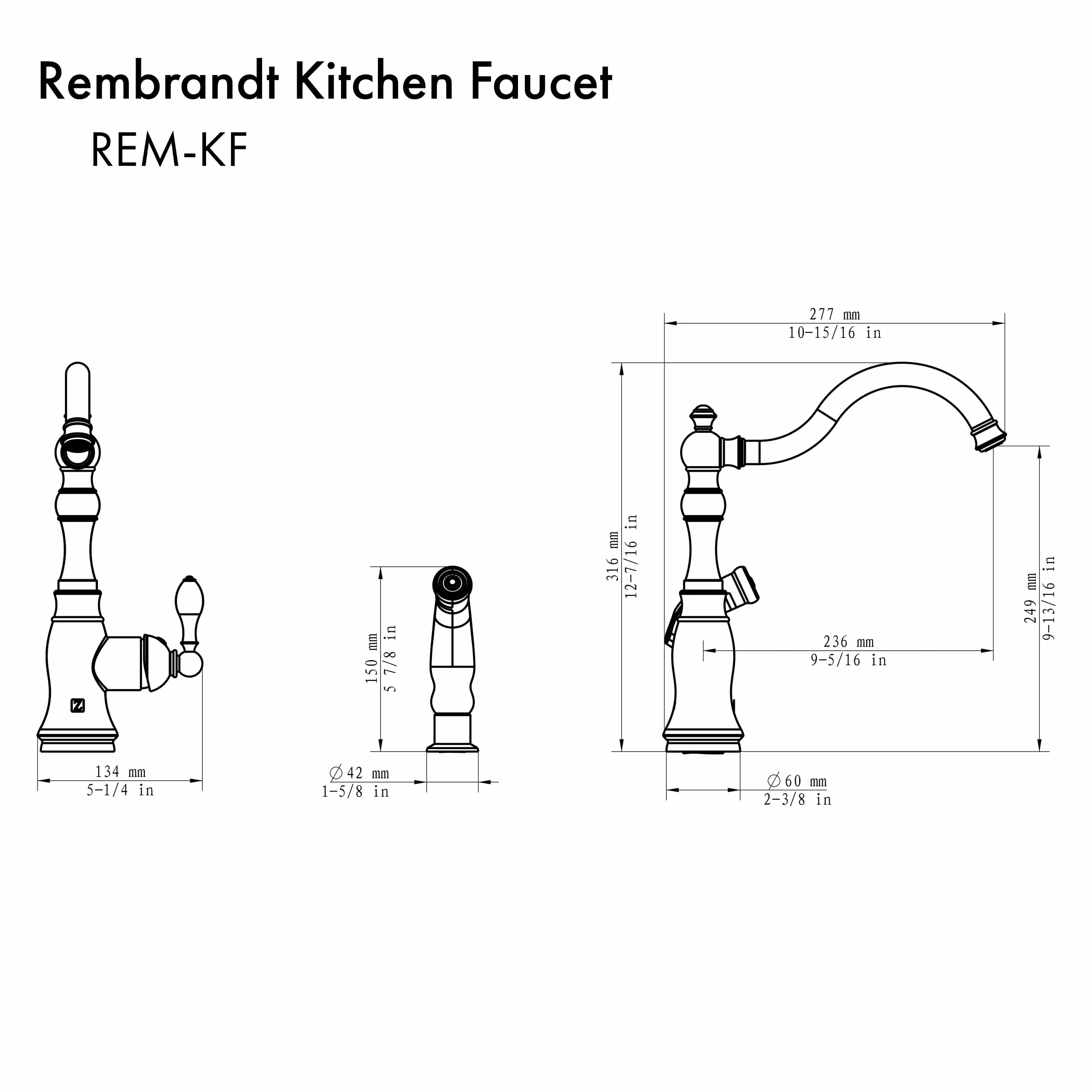 Polished gold kitchen faucet dimension diagram with arched spout and handles