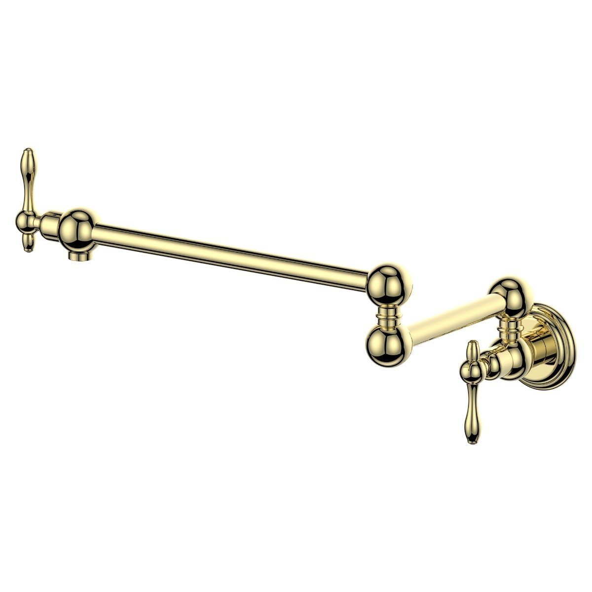 Polished gold pot filler faucet with wall-mounted swing arm and two cross valves