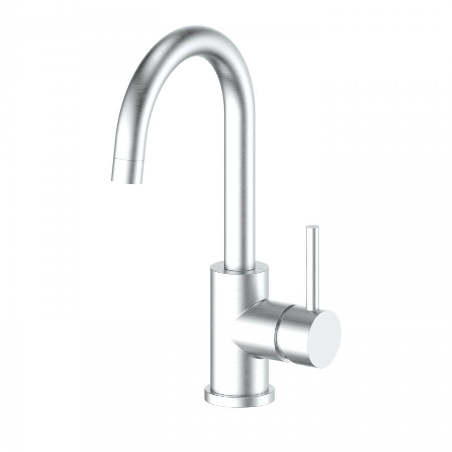 Brushed nickel kitchen faucet with tall curved spout and side handle