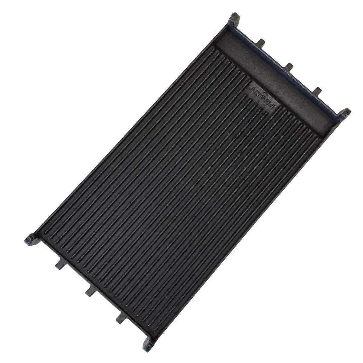 Reversible cast iron griddle with ridged grate pattern, dark gray finish