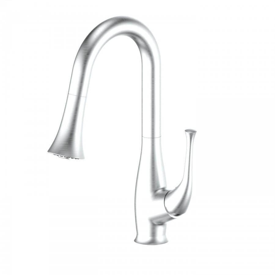 Brushed nickel kitchen faucet with curved gooseneck spout and separate handle