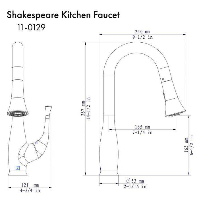 Shakespeare kitchen faucet dimension diagram with arched spout and lever