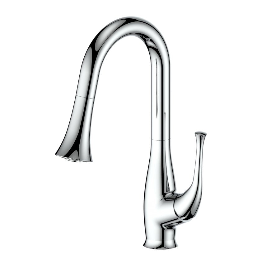 Chrome kitchen faucet with curved arched spout and single lever handle