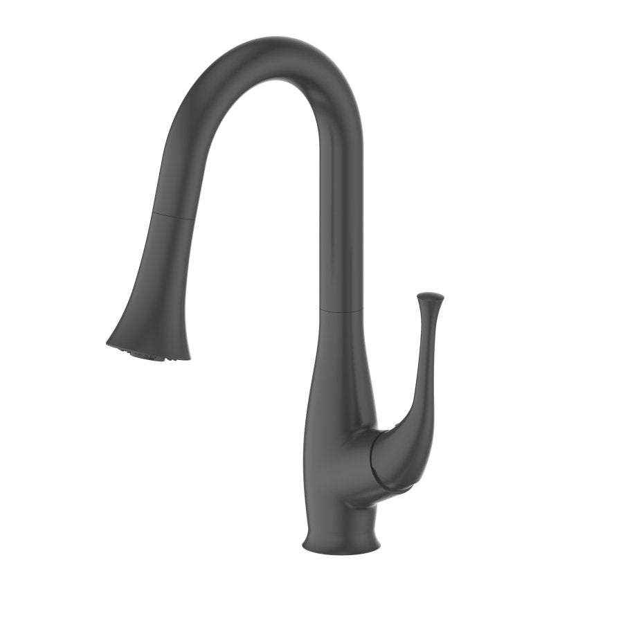 Matte black curved kitchen faucet with arched spout and integrated side controls