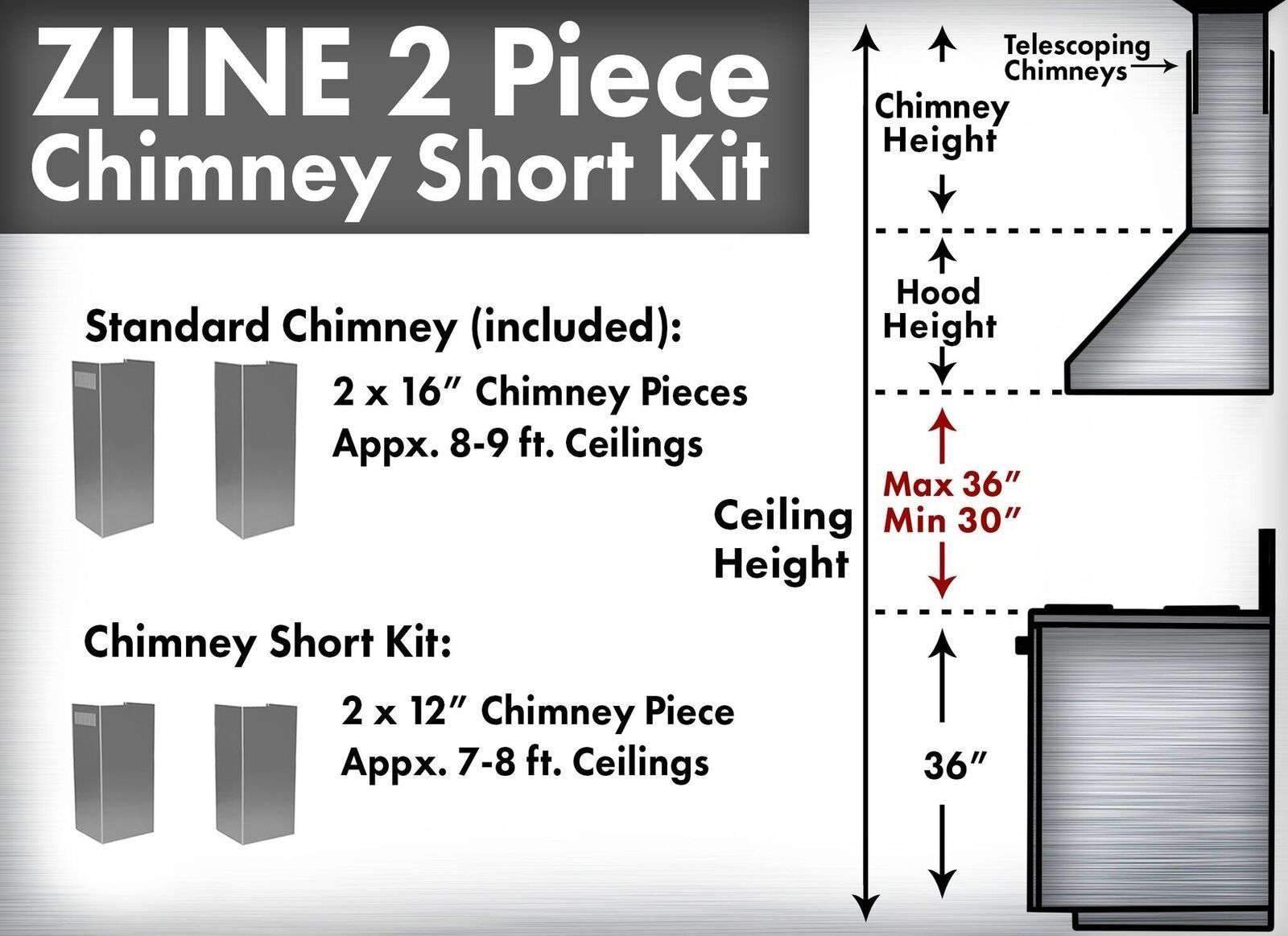 Stainless steel chimney short kit diagram with telescoping height and 36 in max clearance