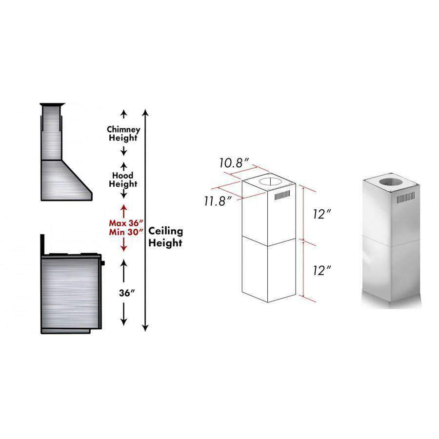 Two-piece short chimney kit in stainless steel for range hood venting, 12 in height