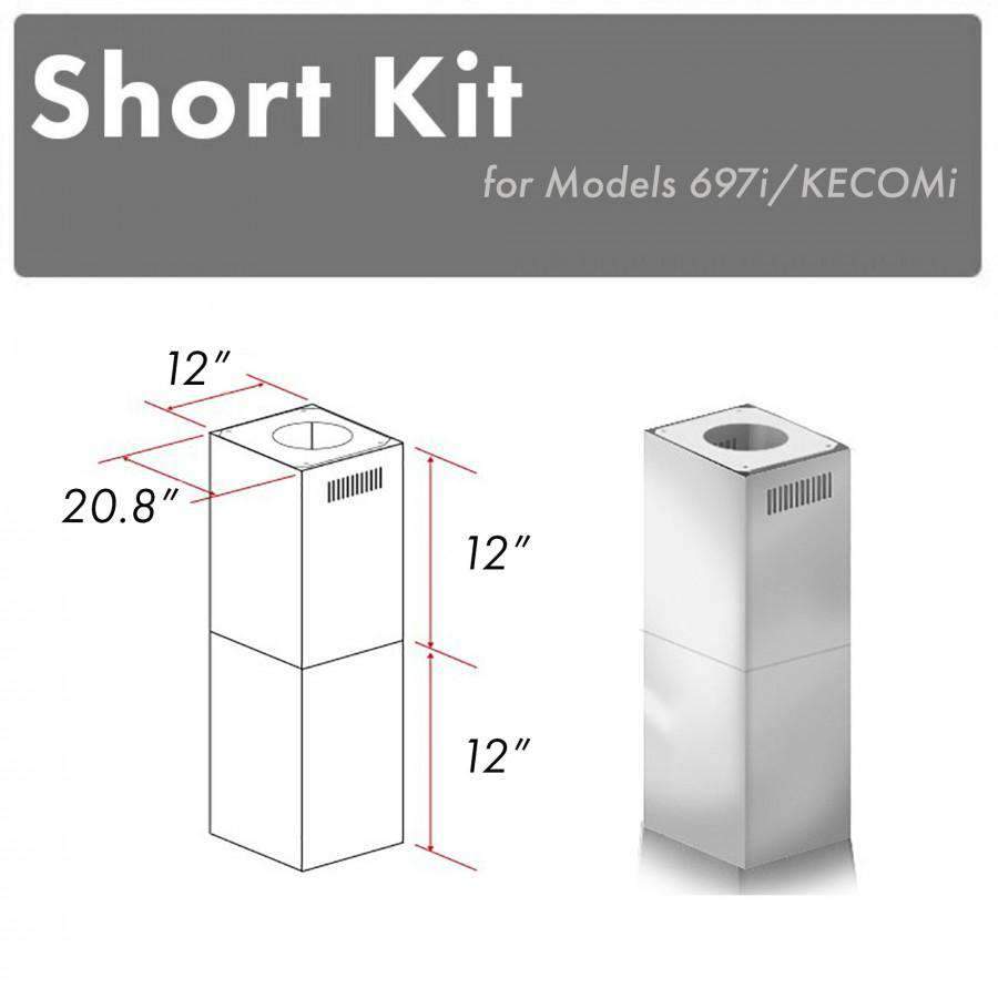 12-inch short chimney kit with vent hood and dimensional diagram for 697i/KECOMi